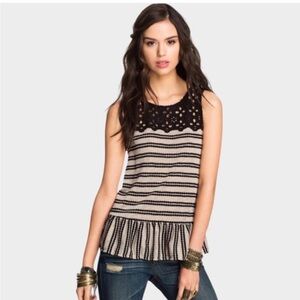 Free People Black and Cream Striped Lace Tank Top